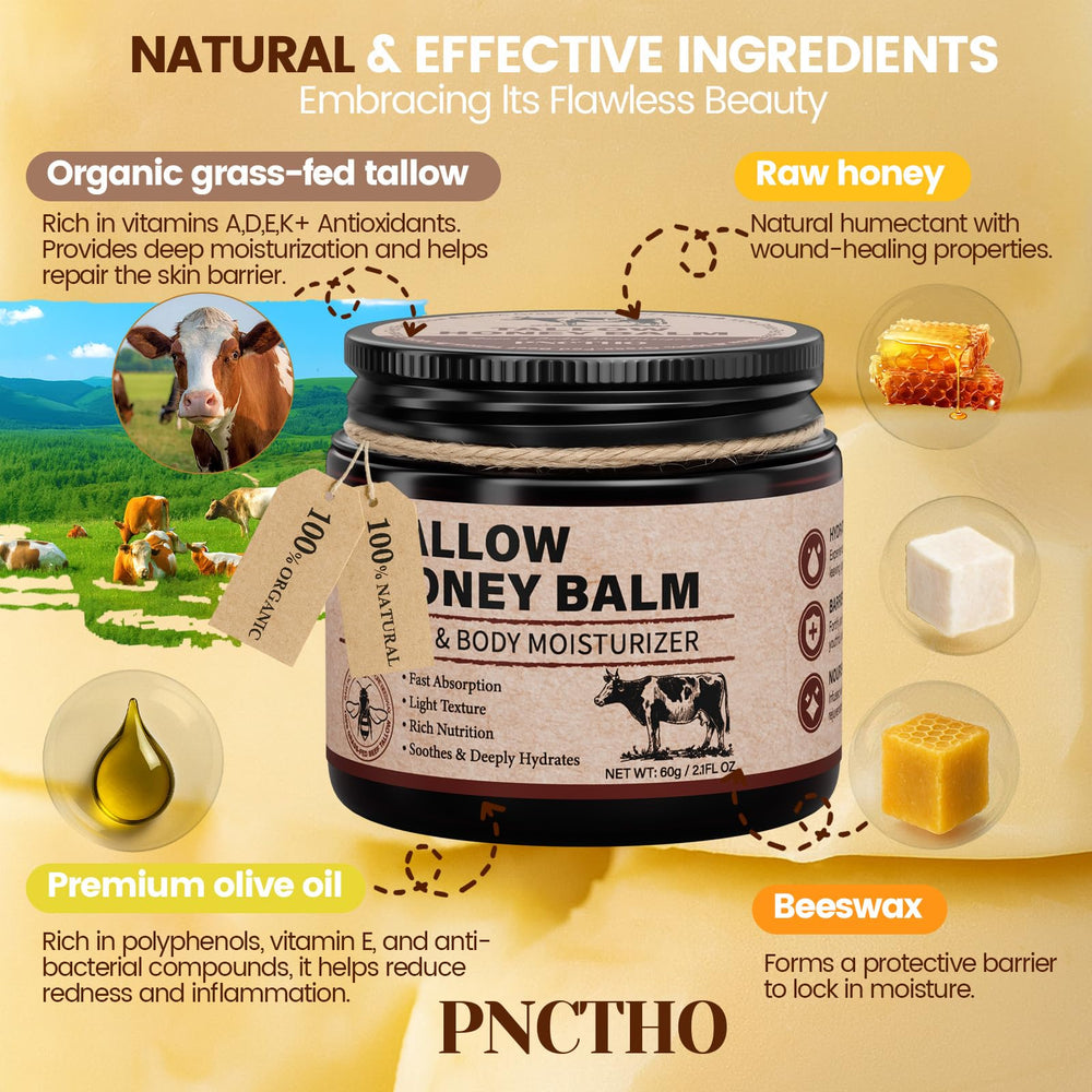 Pnctho Beef Tallow Honey Balm used on face and body hydration.