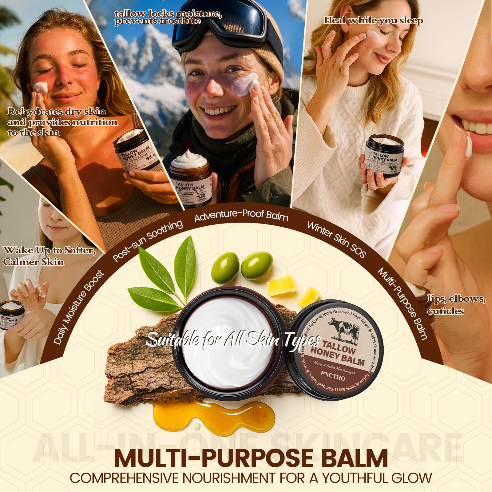 Pnctho Beef Tallow Honey Balm on hands for soothing barrier support.