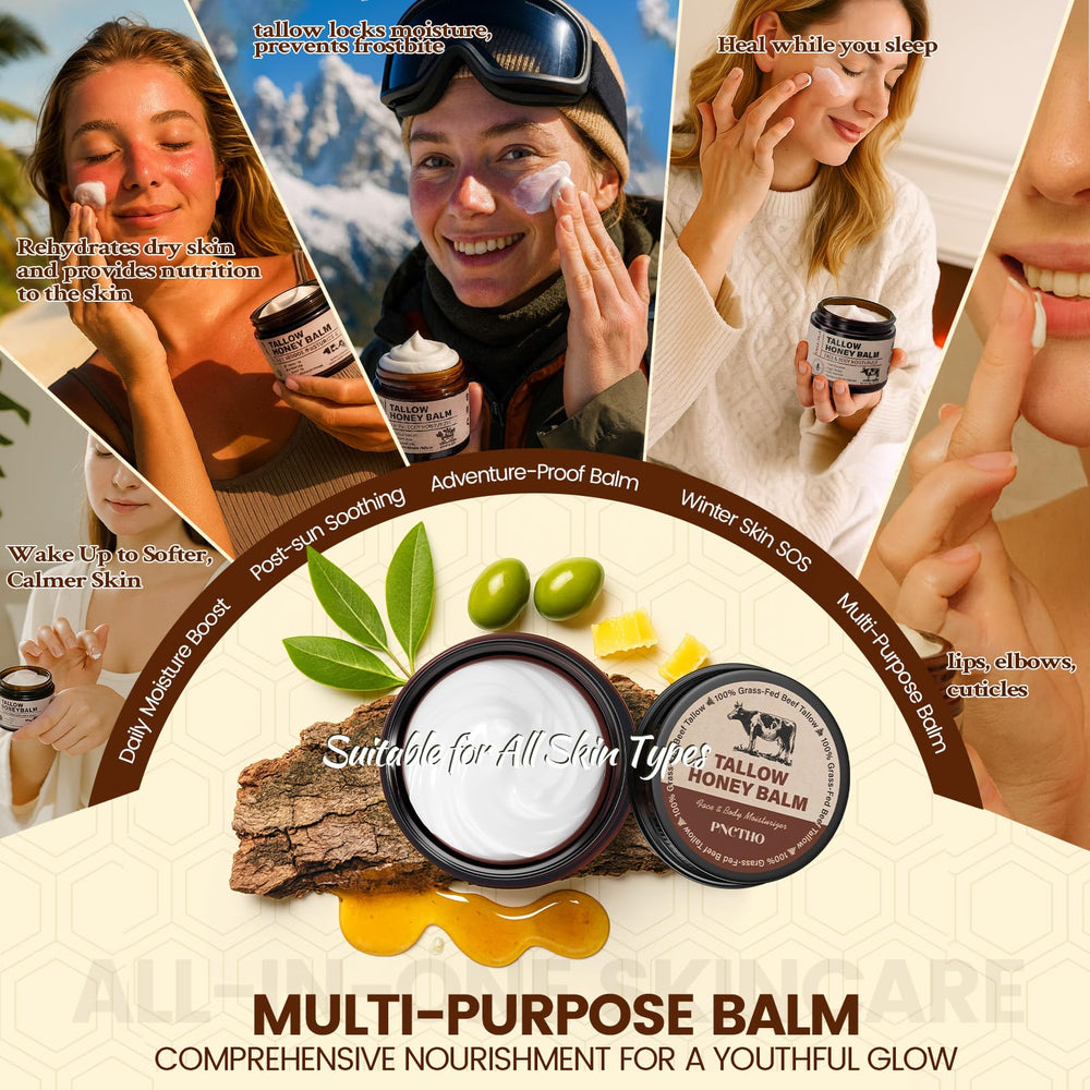 Pnctho Beef Tallow Honey Balm on hands for soothing barrier support.