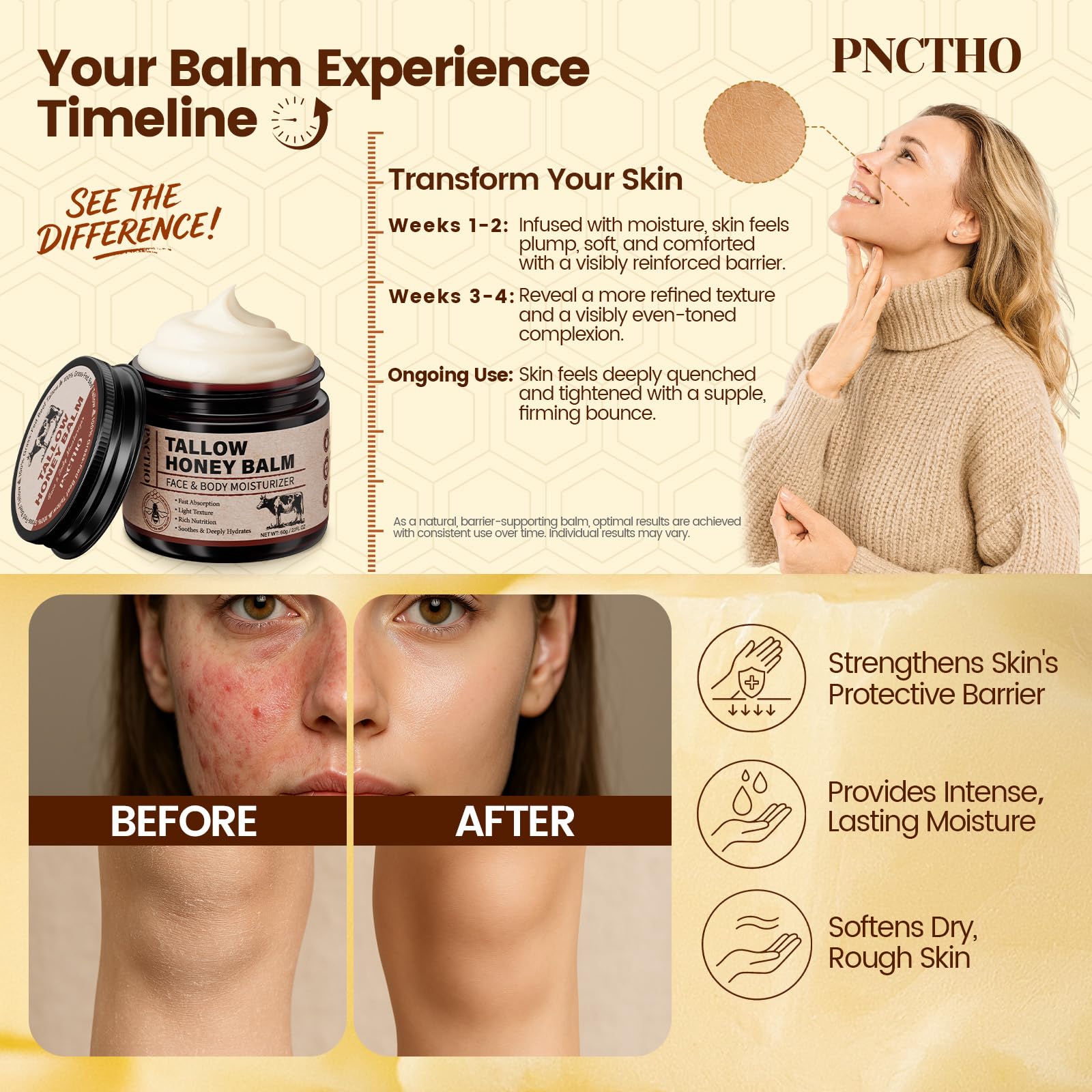 Pnctho Beef Tallow Honey Balm ingredients lipids reinforce moisture.