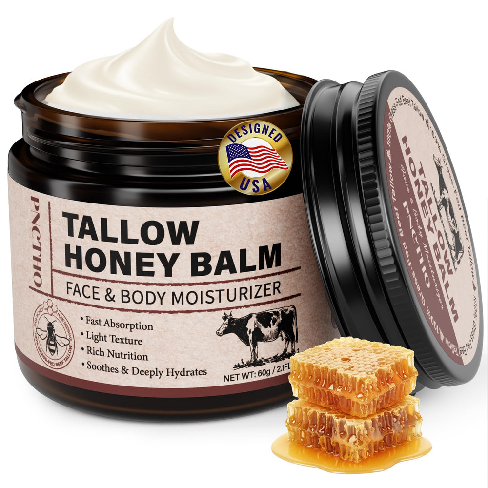 Pnctho Beef Tallow Honey Balm jar close-up shows rich texture for deep moisture.
