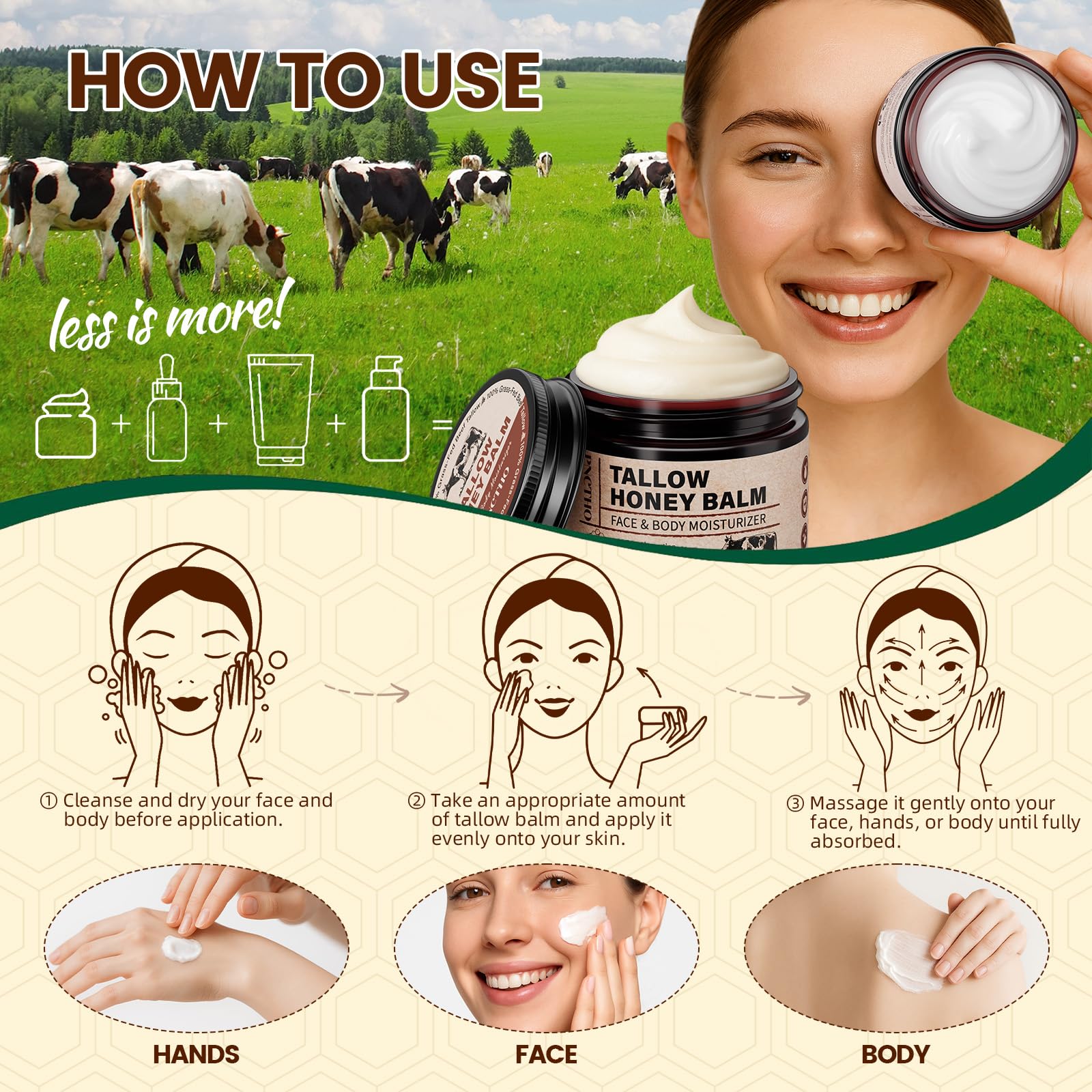 Pnctho Beef Tallow Honey Balm promotes quick absorption and comfort.