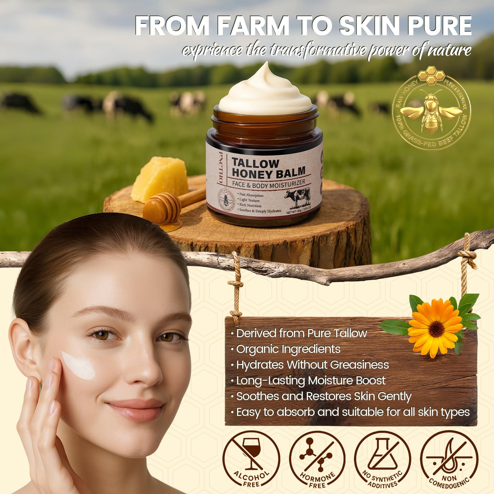 Pnctho Beef Tallow Honey Balm whipped texture spreads smoothly for dry skin.