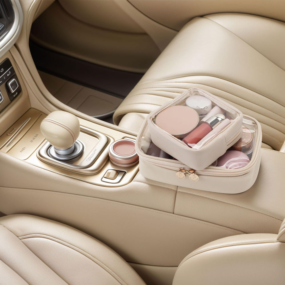 Pocmimut beige PU leather makeup bag showcases durability and luxury on the go.