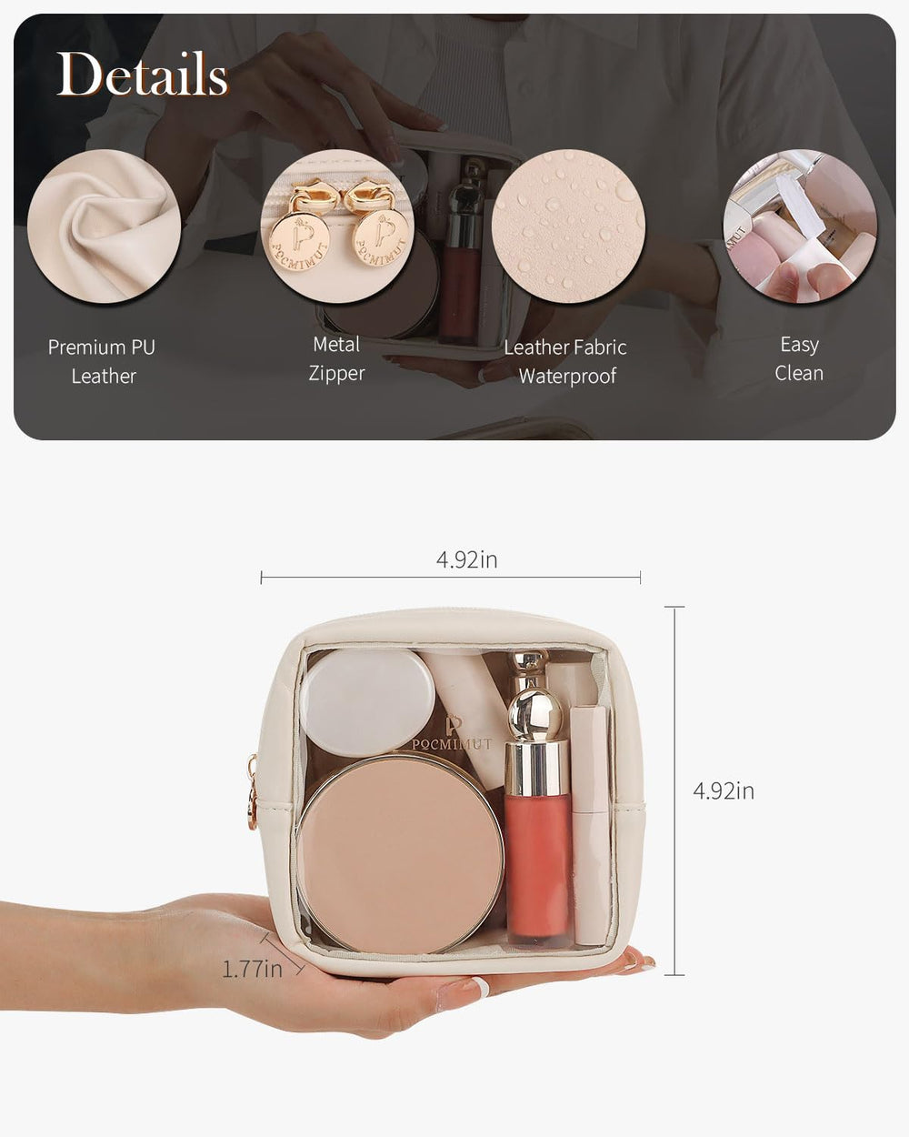 Pocmimut mini makeup bag beige color swatch presents stylish, travel-ready look