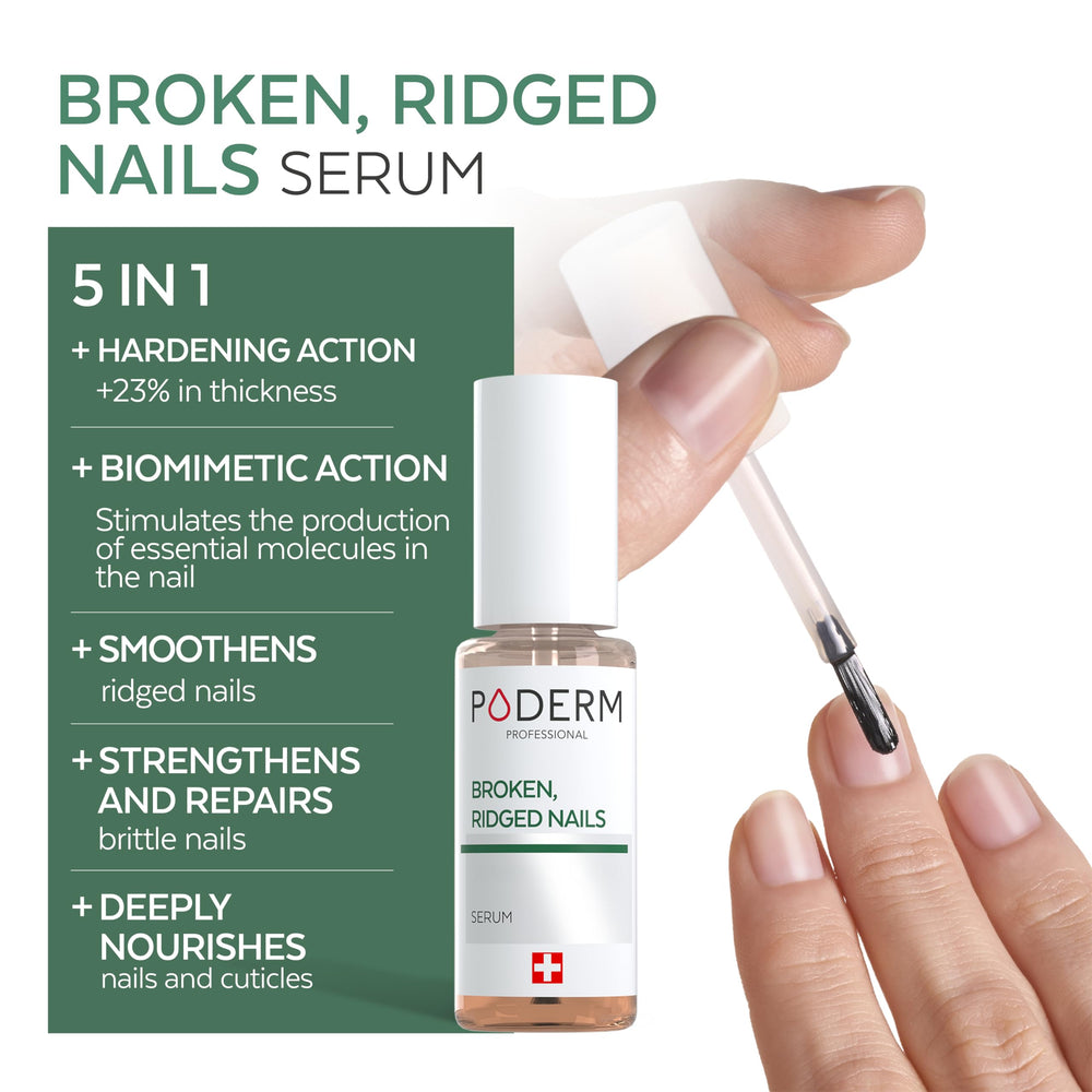 Poderm nail-care bottle close-up showcasing premium Swiss-made formula