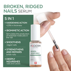 Poderm nail-care bottle close-up showcasing premium Swiss-made formula