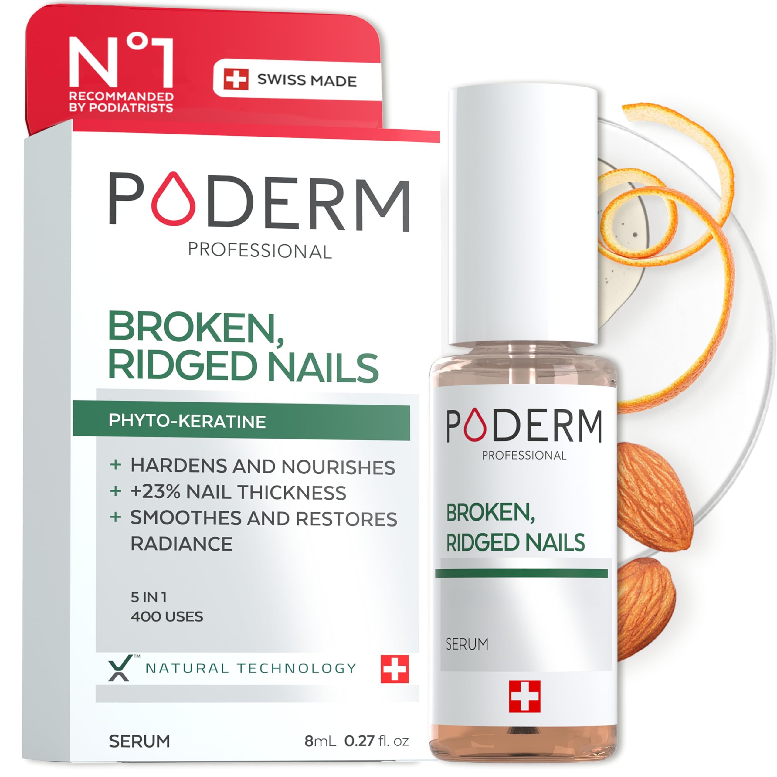 Poderm nourishing nail oil-serum applied to nails for stronger, smoother appearance