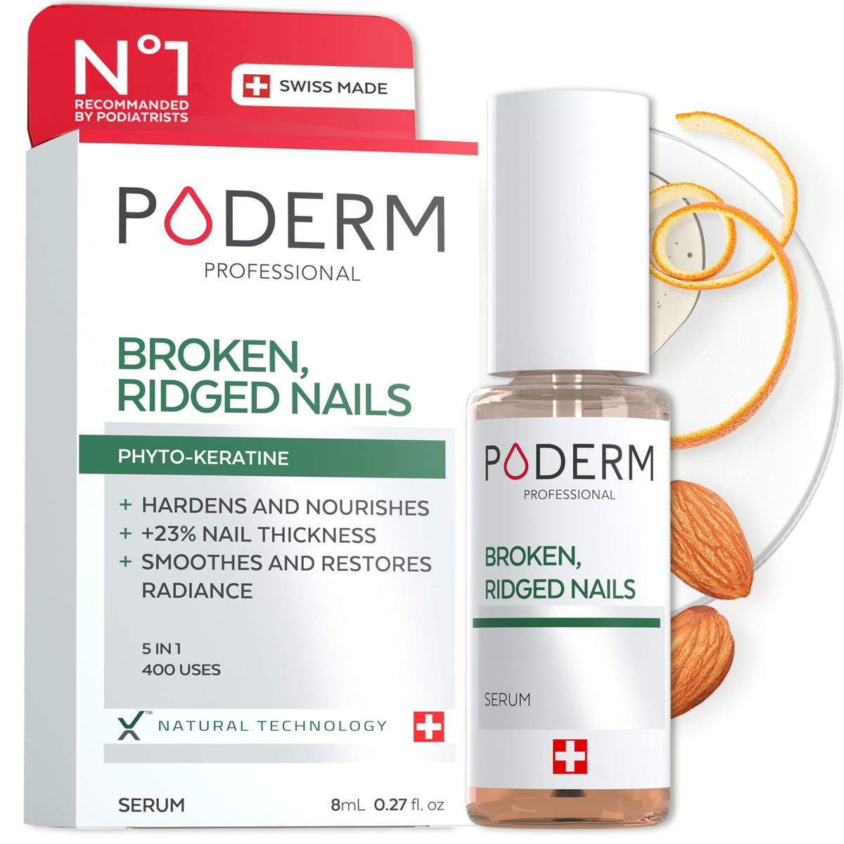 Poderm nourishing nail oil-serum applied to nails for stronger, smoother appearance