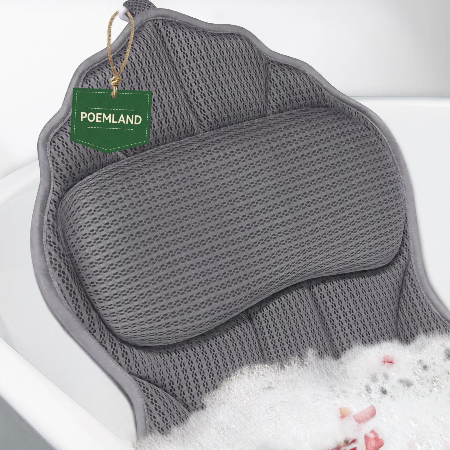 Poemland bath pillow 4D mesh closeup shows breathable comfort for a luxurious soak.