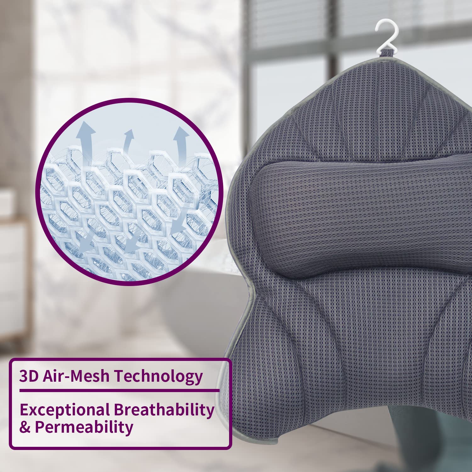 Poemland bath pillow gray air-mesh cover dries quickly after use.