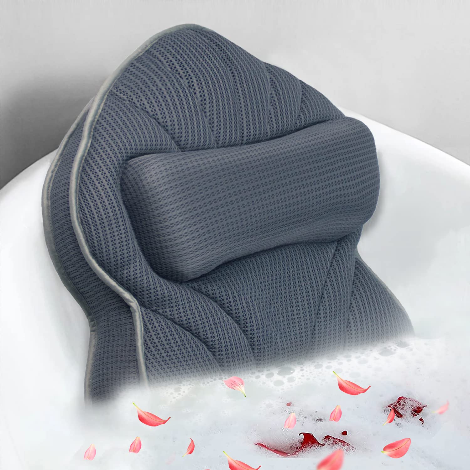 Poemland bath pillow gray front view shows extra-thick support for full-body comfort.