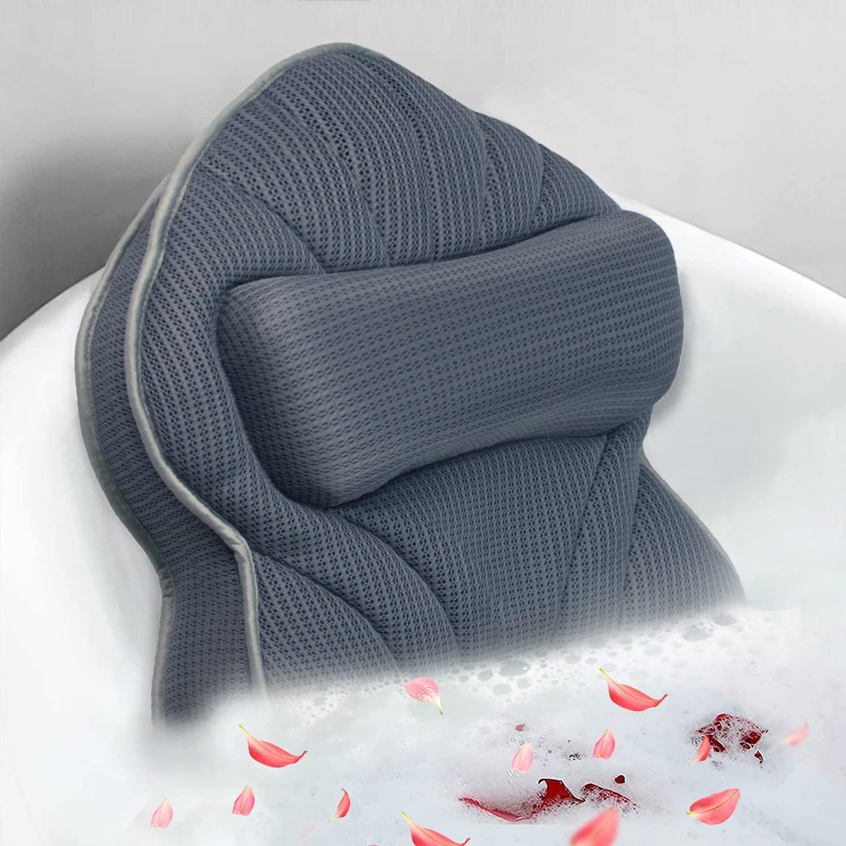 Poemland bath pillow gray front view shows extra-thick support for full-body comfort.