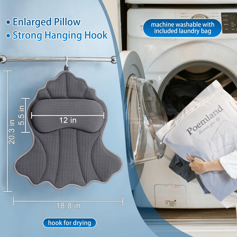 Poemland bath pillow on tub demonstrates full head and neck support.