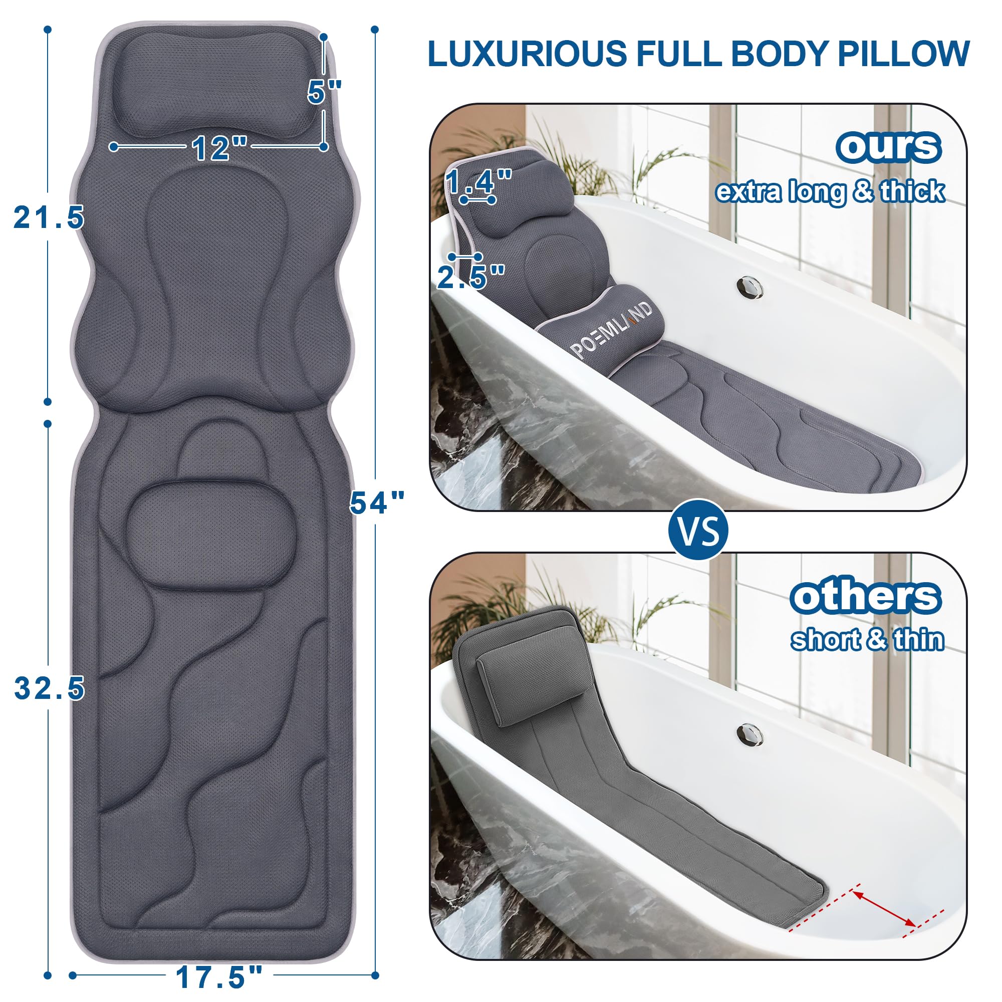 Poemland full body bath pillow with 168 suction cups for secure grip