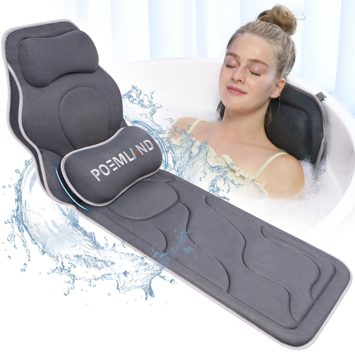 Poemland full body bath pillow on tub for extended, comfortable soaks