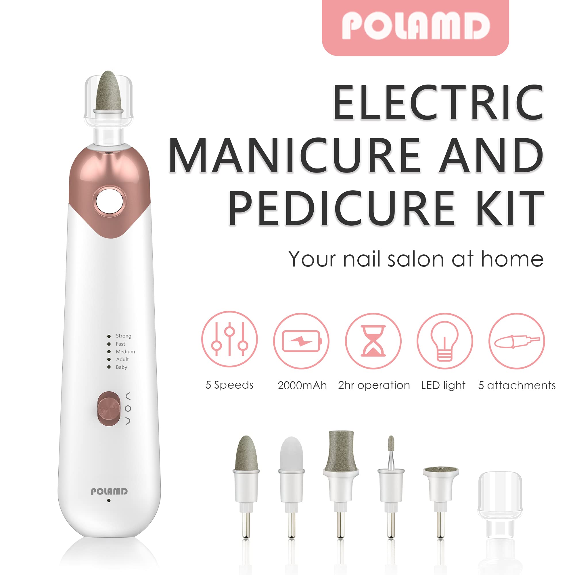 POLAMD electric nail file set with drill bit for precise at-home manicure.