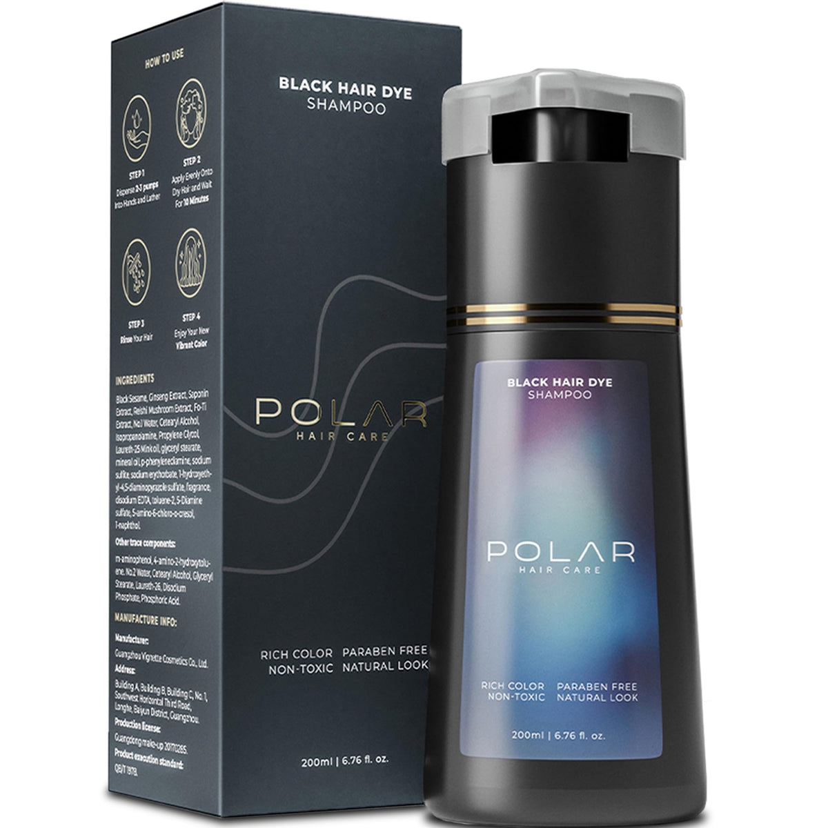 Polar Hair Care jet-black shampoo bottle for quick gray coverage at home.