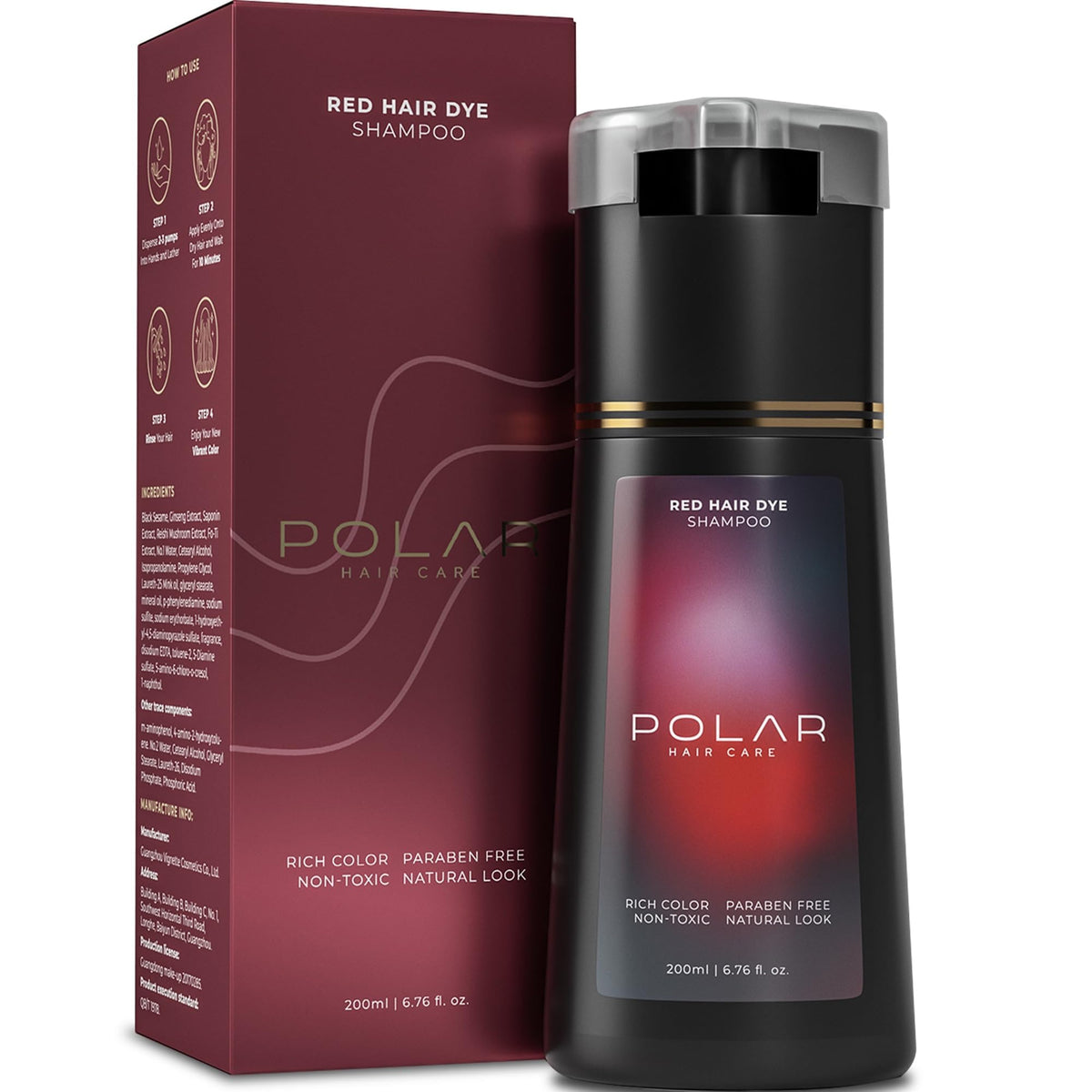 POLAR HAIR CARE red coloring shampoo bottle delivers quick gray coverage for natural-looking color.