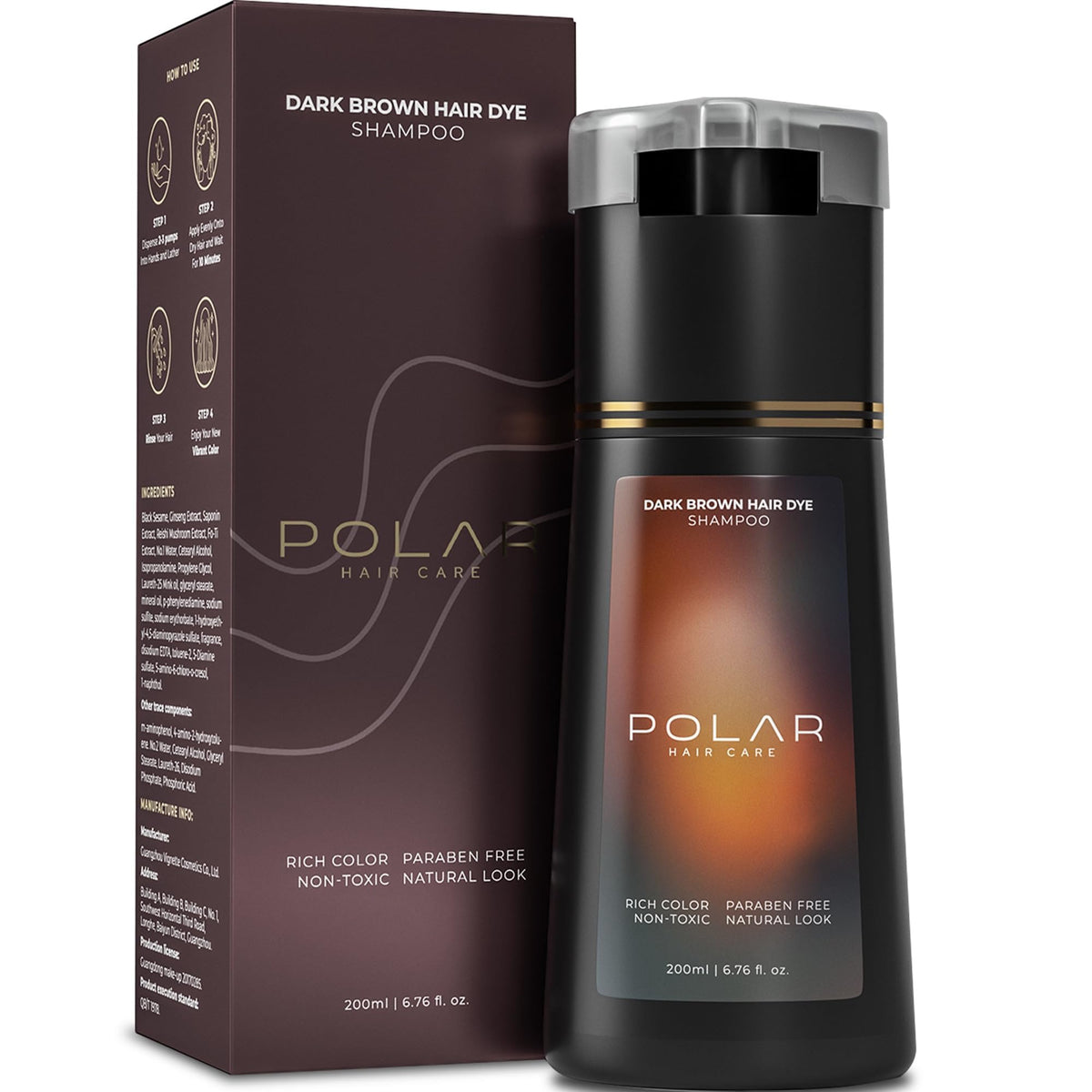 POLAR Haircare dark brown shampoo dye bottle pour for quick gray coverage.
