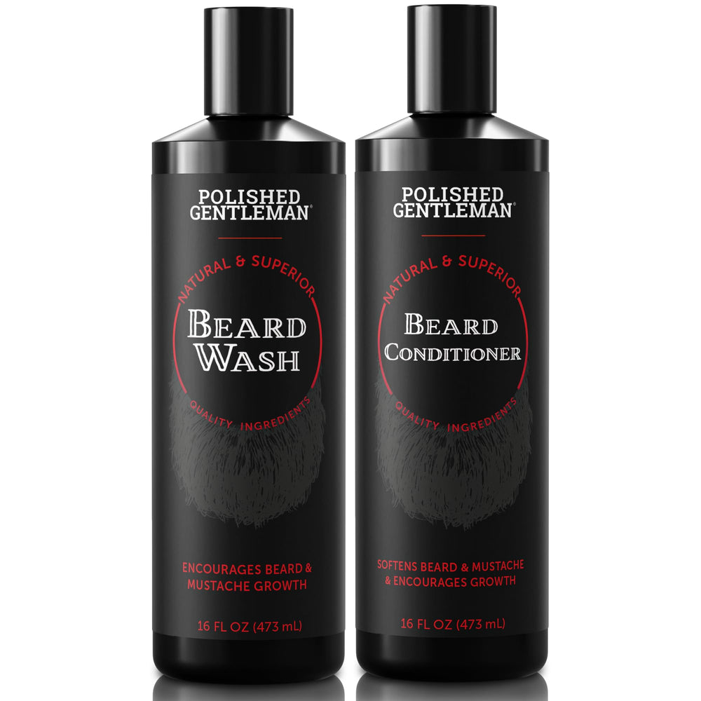 Polished Gentleman beard wash bottle pour demonstrates cleansing action for refreshed beard and skin.