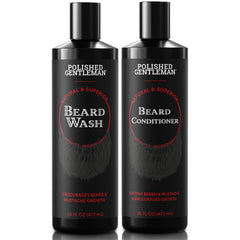 Polished Gentleman beard wash bottle pour demonstrates cleansing action for refreshed beard and skin.