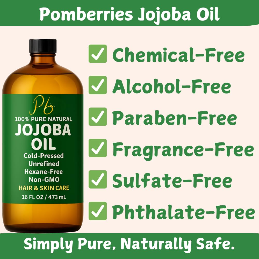 Pomberries Jojoba Oil amber glass bottle highlighting hexane-free formula for skin and hair care