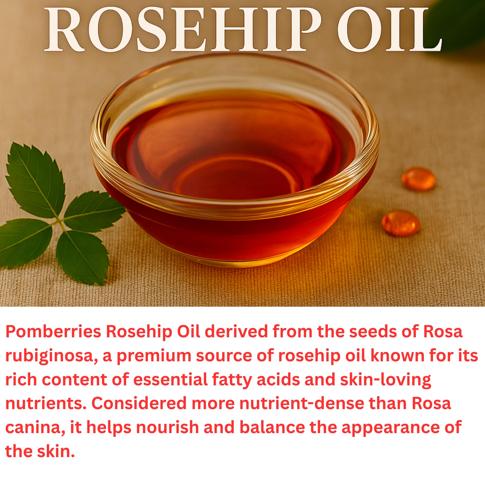 Pomberries Rosehip Seed Oil in amber glass protects freshness and antioxidants