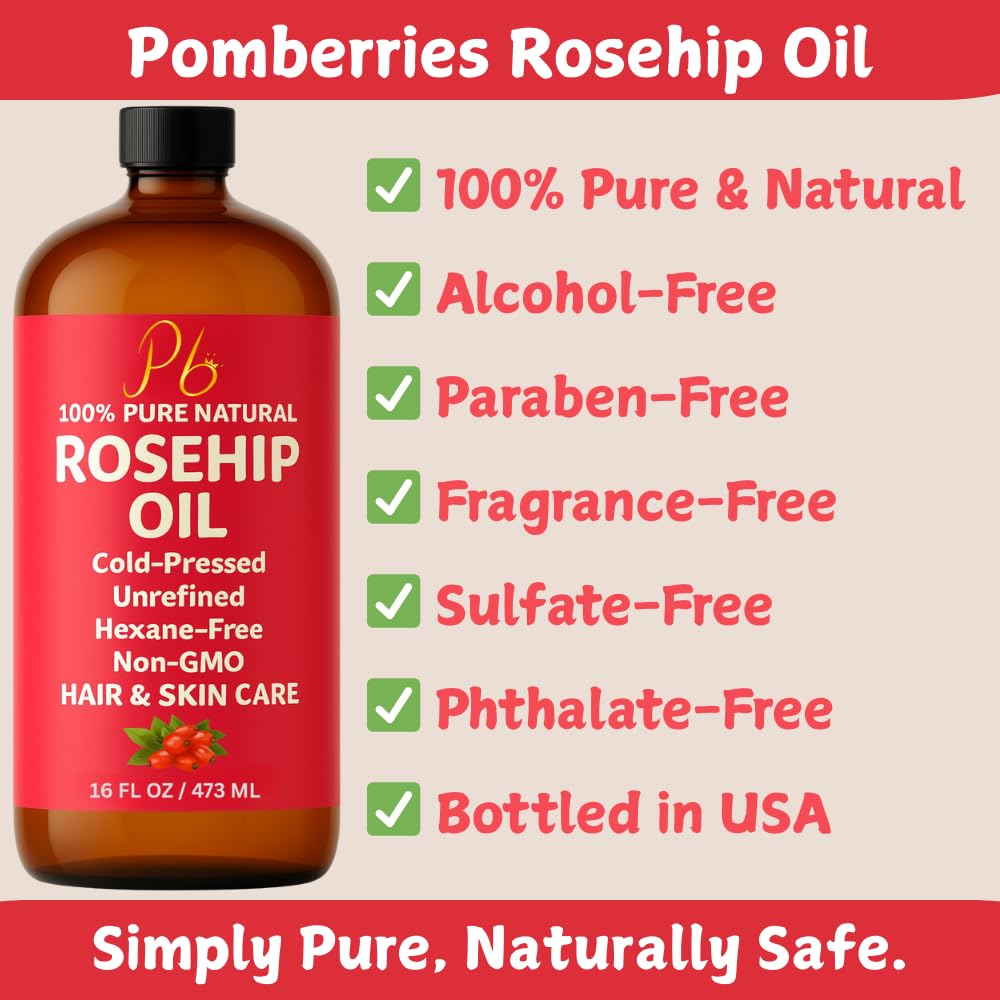 Close-up of Pomberries Rosehip Seed Oil texture, highlighting lightweight, fast-absorbing feel