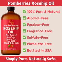 Close-up of Pomberries Rosehip Seed Oil texture, highlighting lightweight, fast-absorbing feel