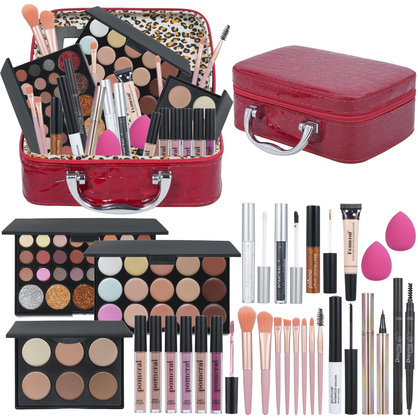 Pomcral makeup kit teens red case open for versatile looks
