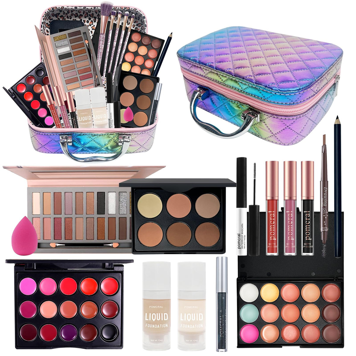 Pomcral Travel Makeup Kit compact case enables on-the-go touch-ups anywhere for busy mornings.