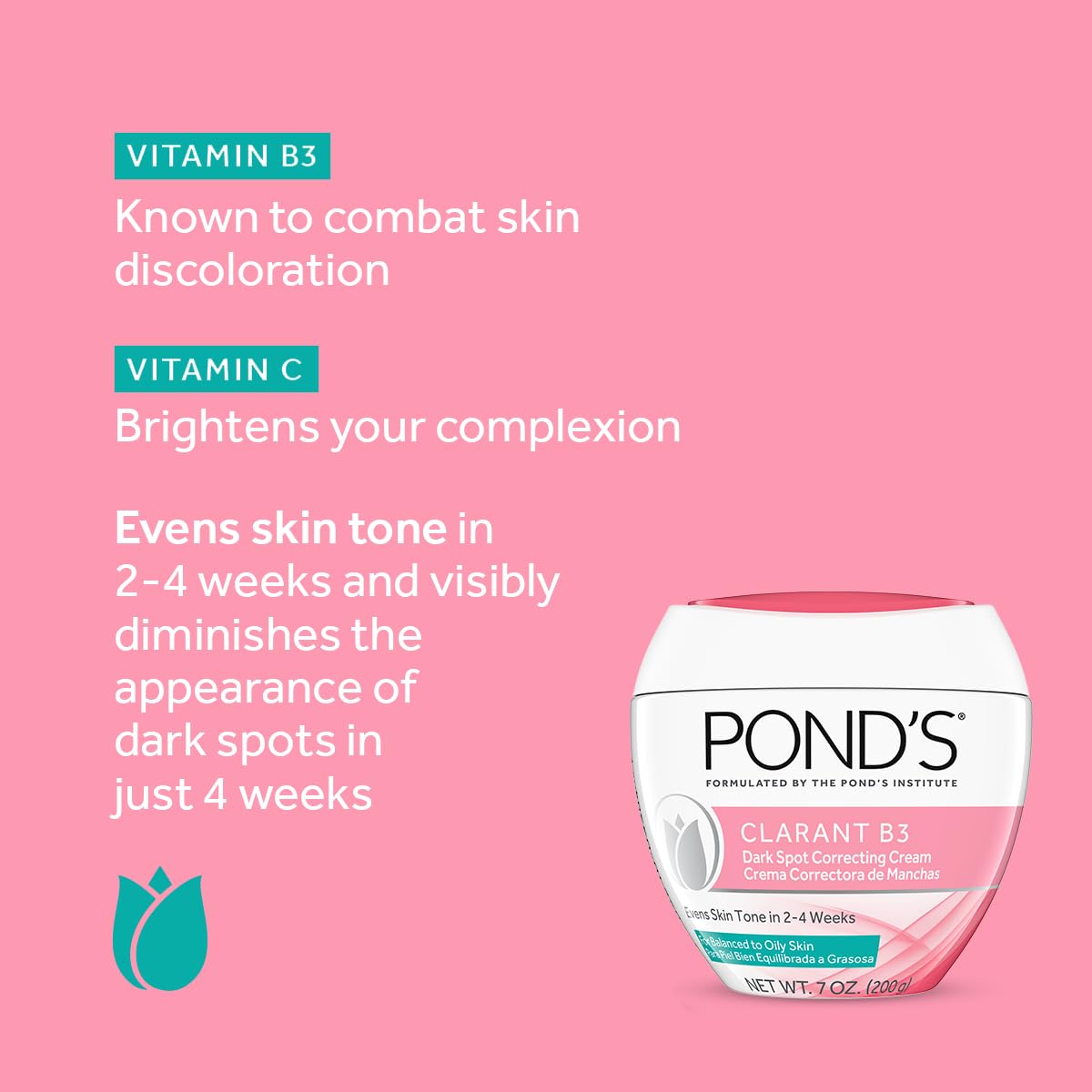 POND'S Clarant B3 cream texture swirl demonstrates smooth finish and even-toned complexion.