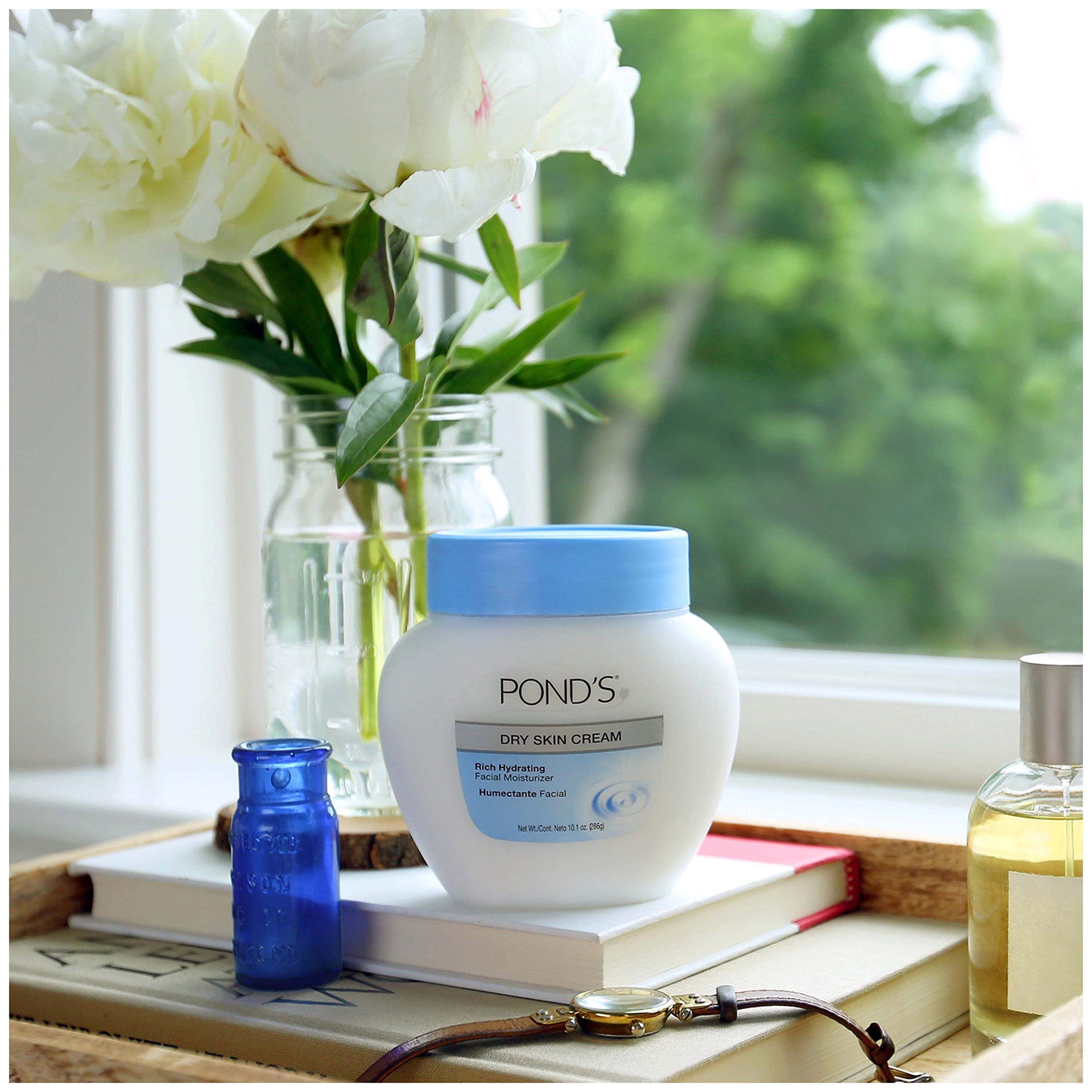 Pond's Dry Skin Cream used as a morning makeup base for smooth under-eyes and foundation.