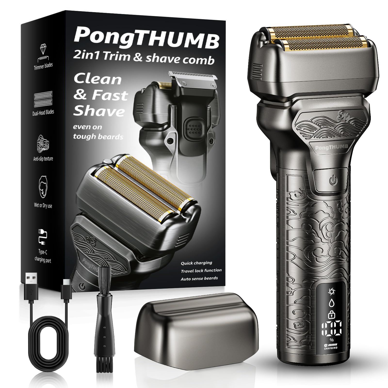 PongTHUMB electric razor metal body shows durable construction for daily use.