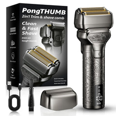 PongTHUMB electric razor metal body shows durable construction for daily use.