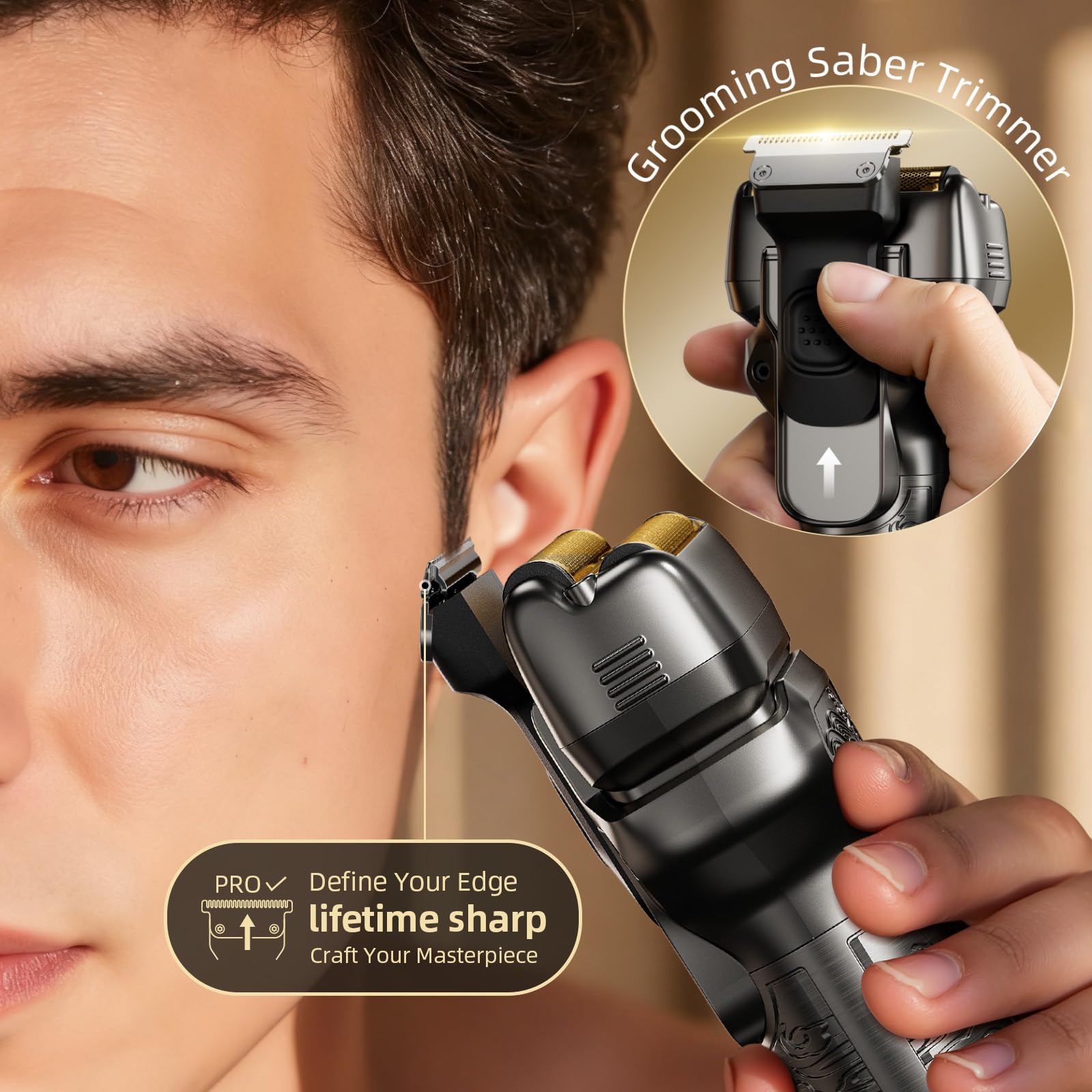 PongTHUMB push-up trimmer for precise sideburns and beard detailing.