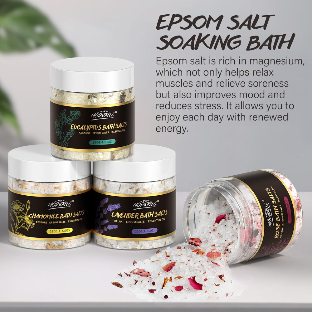 POP MODERN.C bath salts chamomile relaxation captures gentle chamomile for restful unwinding.