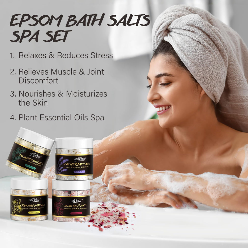 POP MODERN.C epsom salts jar closeup highlights natural oils for nourished skin.
