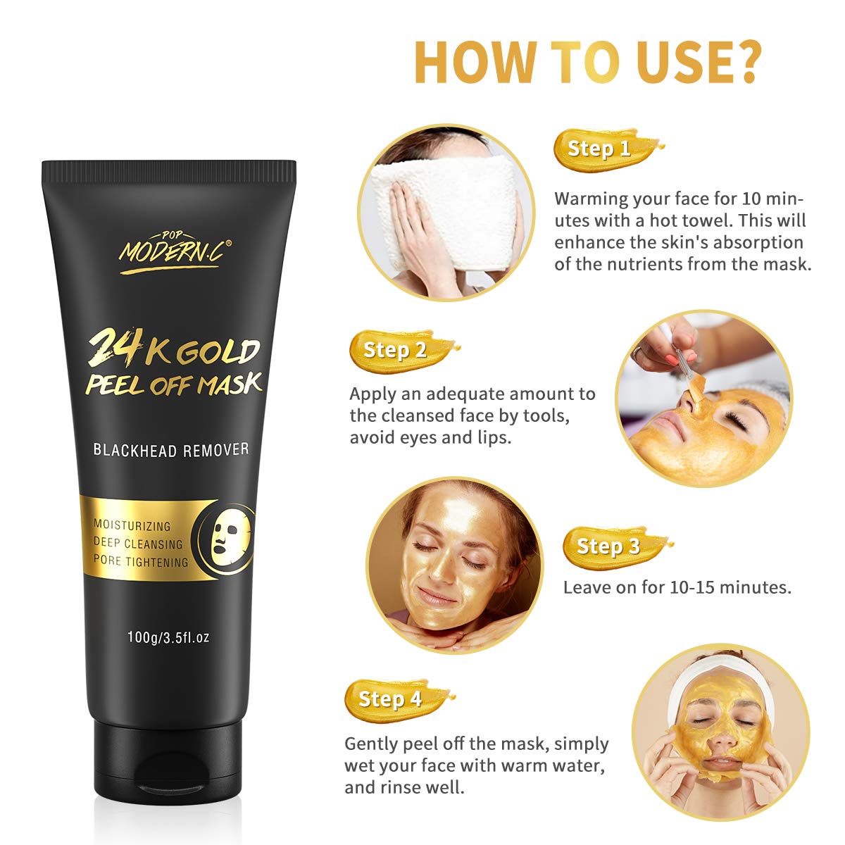 POP MODERN.C close-up of gold mask layers on skin indicating multi-step pampering.