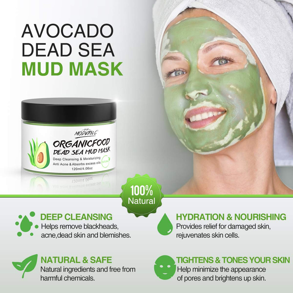 POP MODERN.C green-tea mud mask spread shows cooling hydration.