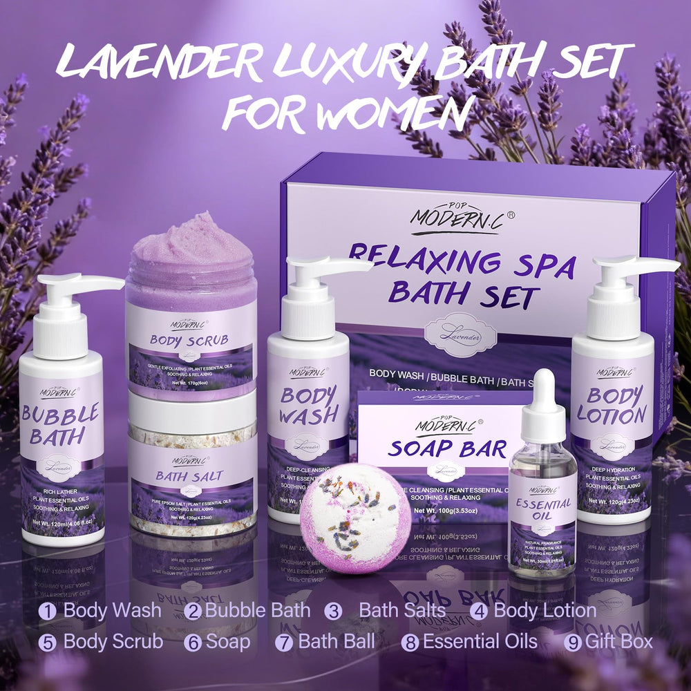 POP MODERN.C lavender body-wash bottle ready for moisturizing shower routines.