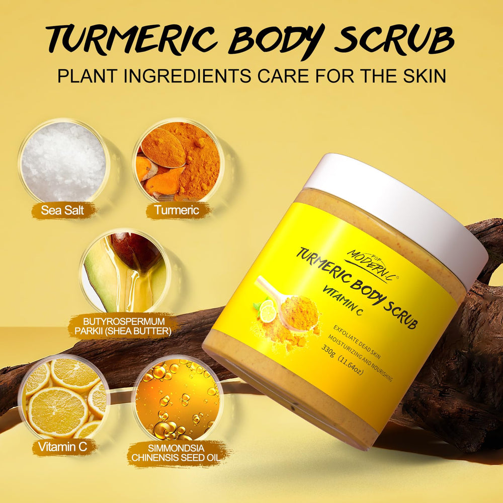 pop modern.c turmeric body scrub after-use glow on skin.