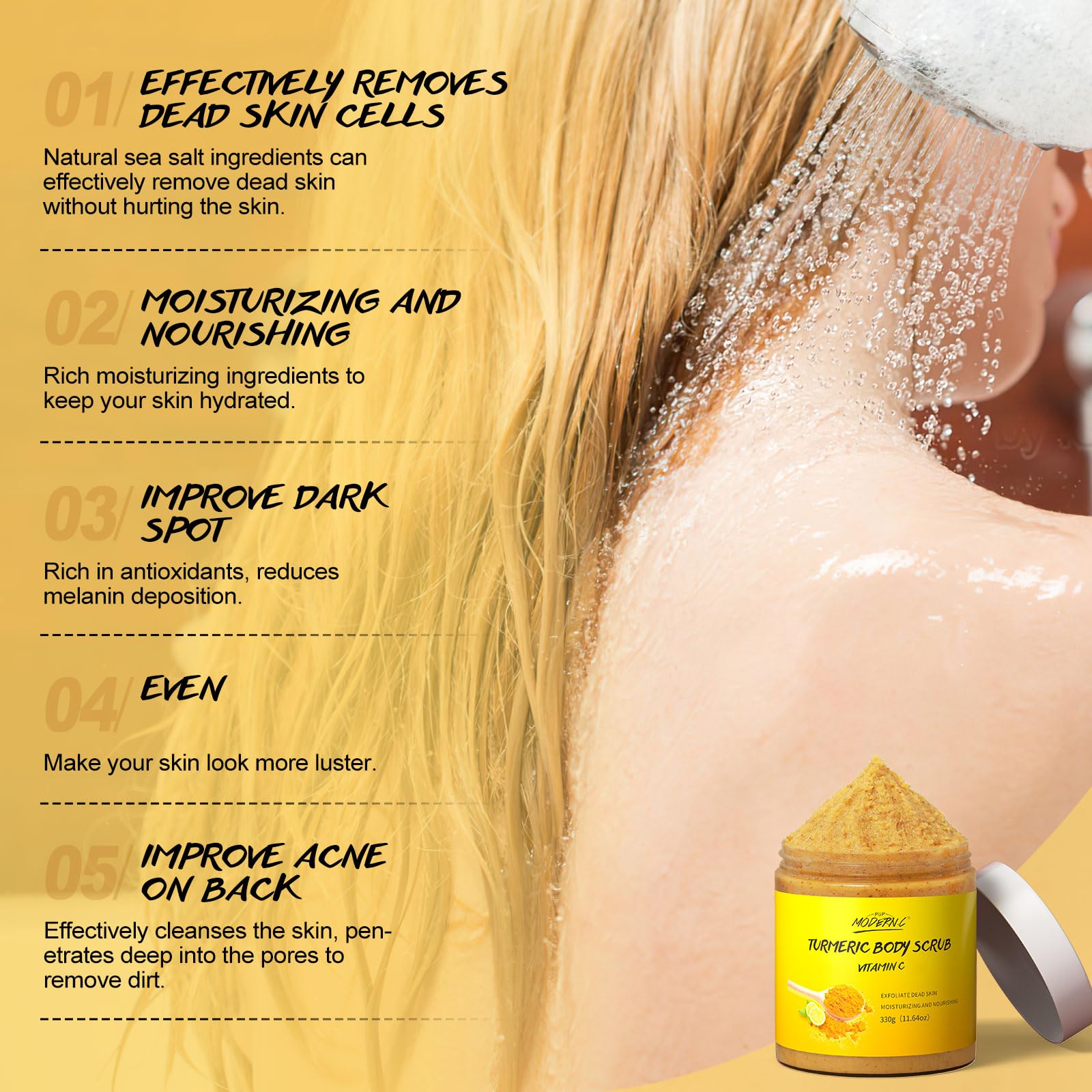 pop modern.c turmeric body scrub application in hands highlights moisturizing benefits.