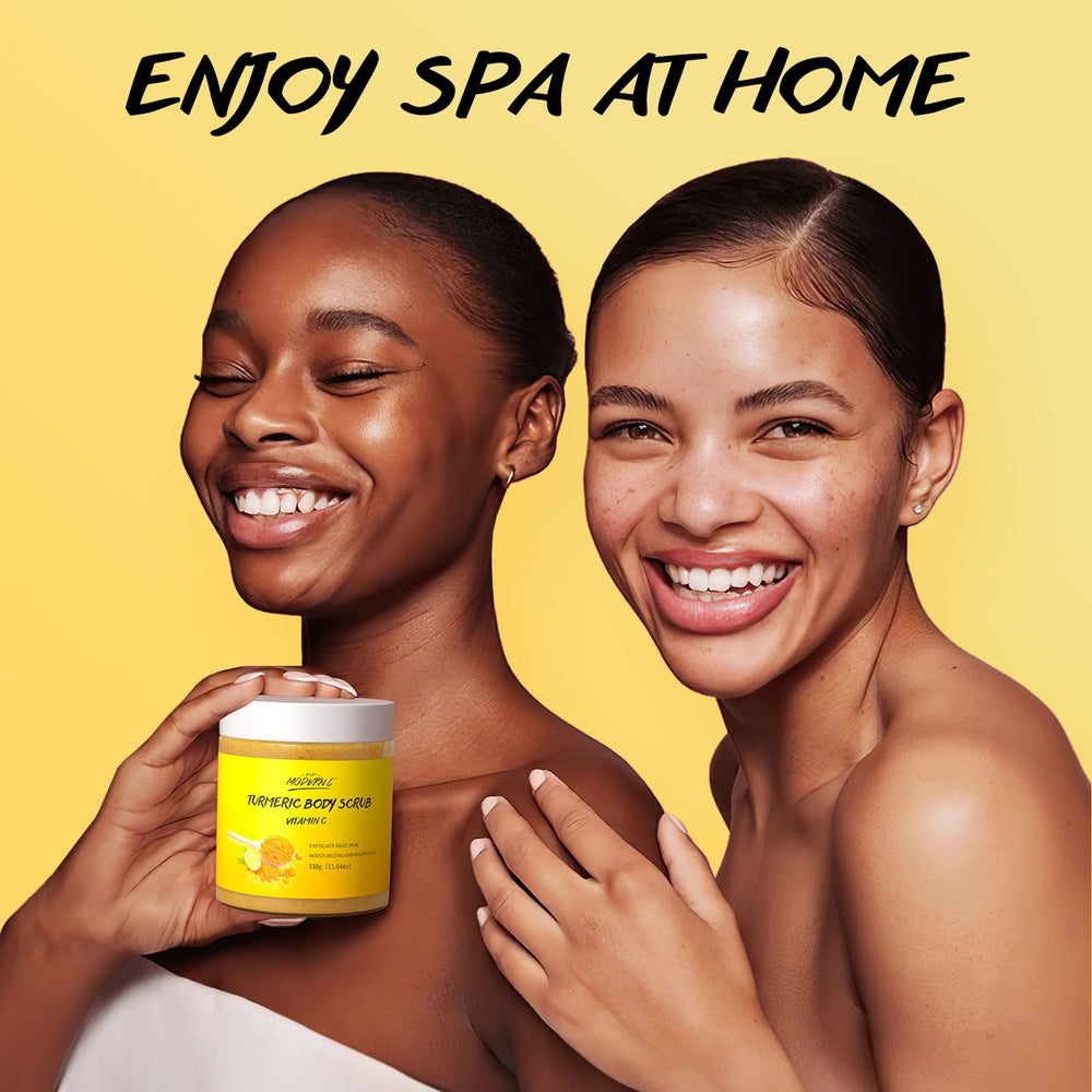 pop modern.c turmeric body scrub jar pouring closeup for convenient use.