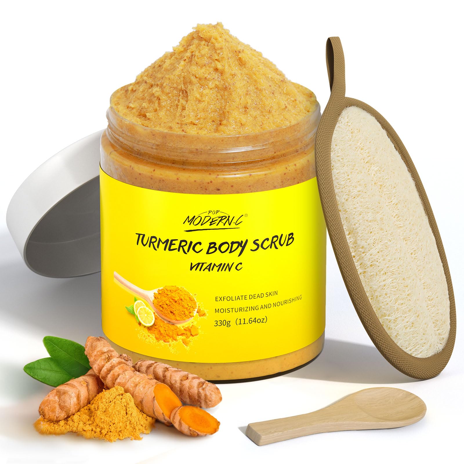 pop modern.c turmeric body scrub packaging aids easy daily exfoliation.