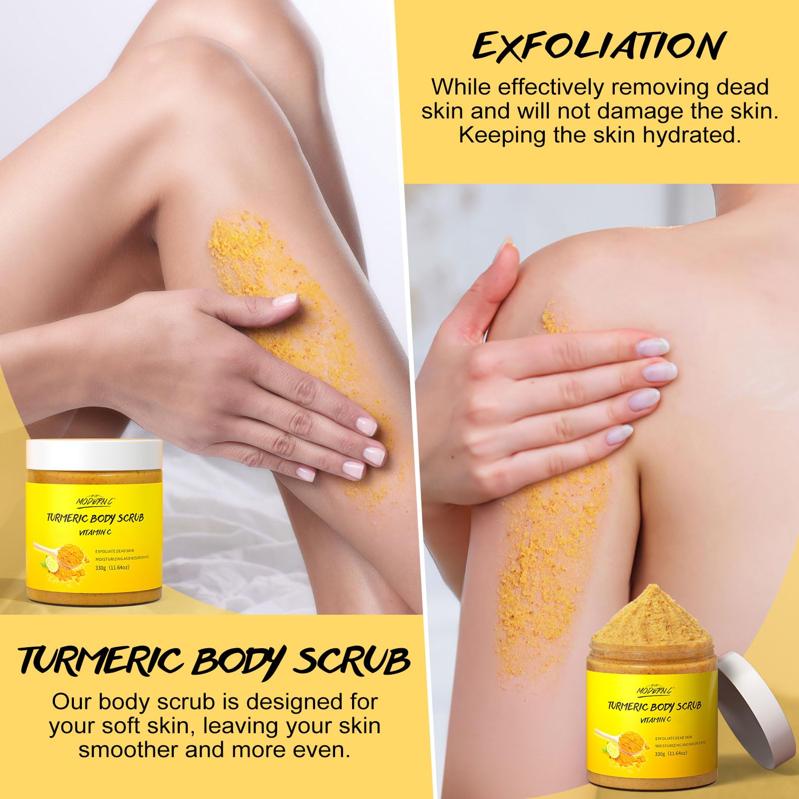 pop modern.c turmeric body scrub texture closeup shows natural salt grains for exfoliation.