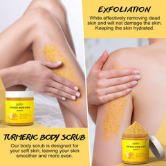 pop modern.c turmeric body scrub texture closeup shows natural salt grains for exfoliation.