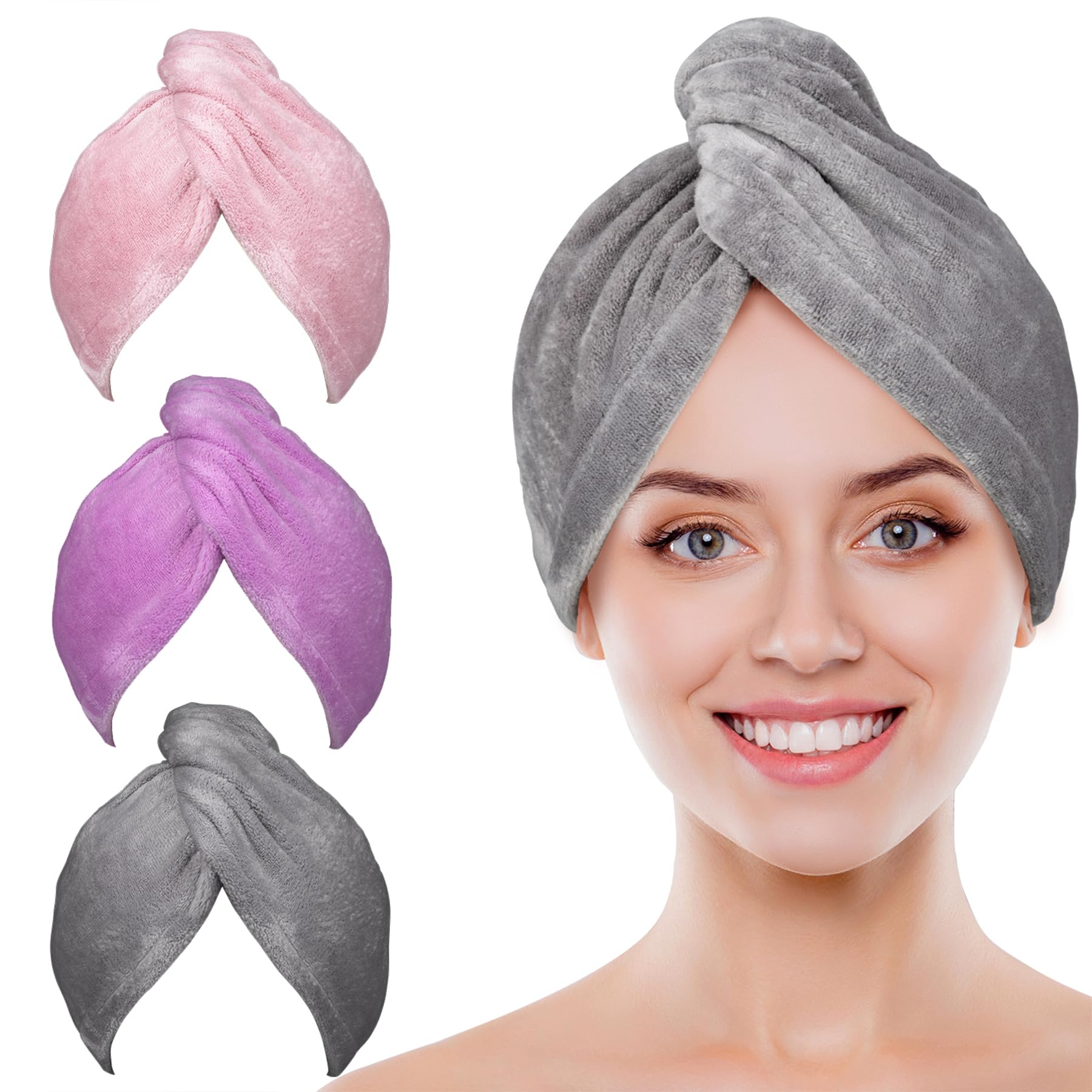 POPCHOSE microfiber hair towel wrap 3-pack in pink purple gray for fast drying