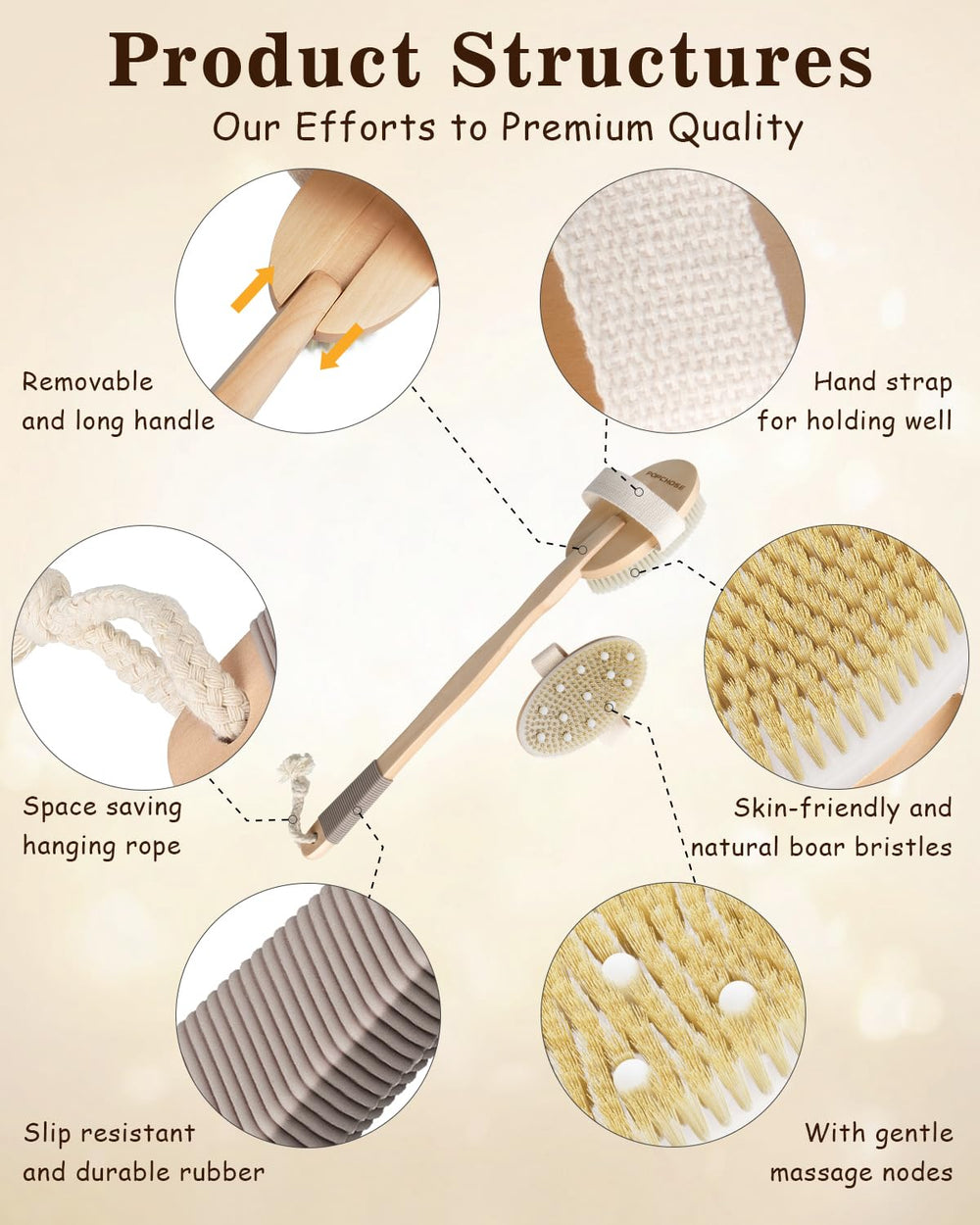 POPCHOSE travel-friendly-shower-brush compact design fits gym bags.